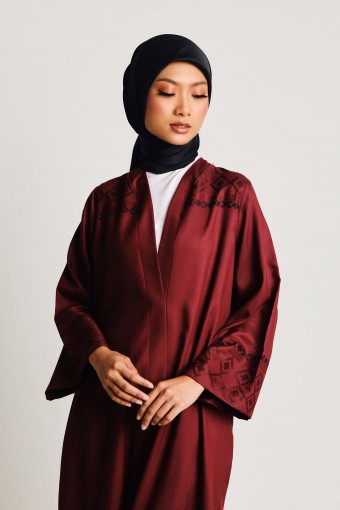Aaira Songket Embossed Abaya Dress Burnt Maroon